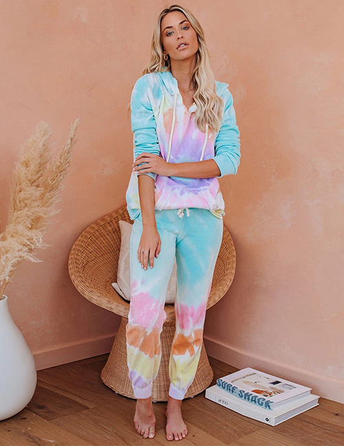 Fashion Pink Blue Positioning Mark Tie-dye Hooded Two-piece Suit