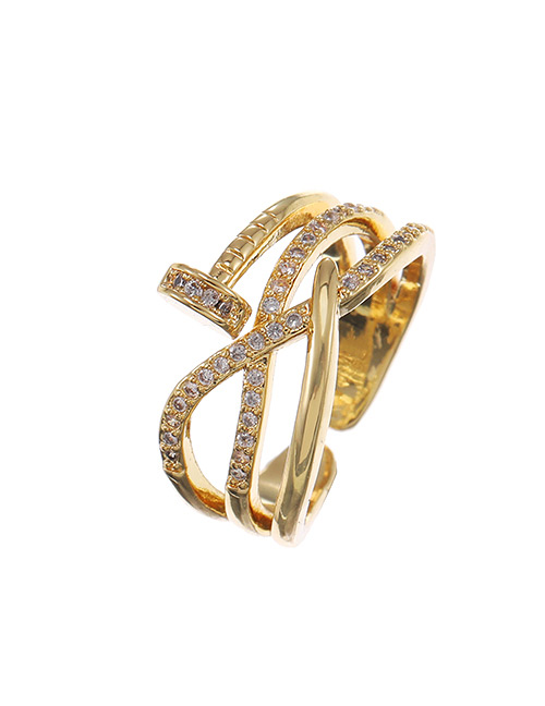 Fashion Golden Copper Inlaid Zircon Geometric Ring