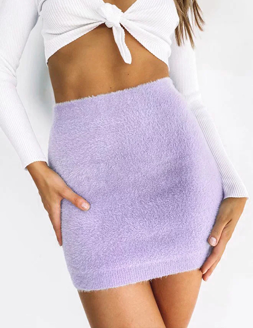 Fashion Purple Imitation Mink Velvet Elastic Waist Solid Color Skirt