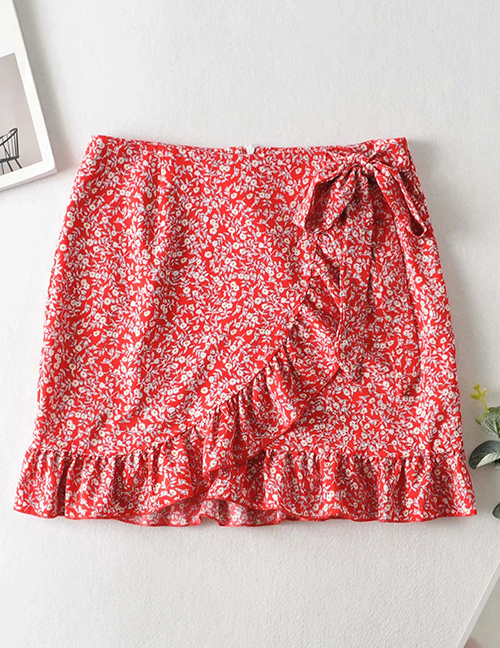 Fashion Red Printed Ruffled Cross Skirt With Lace At Waist