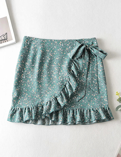 Fashion Green Printed Ruffled Cross Skirt With Lace At Waist
