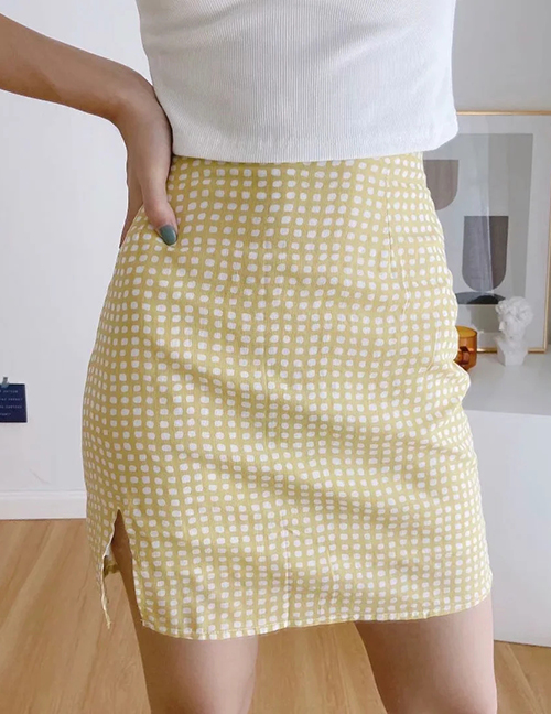Fashion Yellow Grid Check Slit Skirt