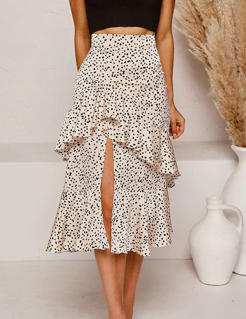Fashion Khaki Point Ruffled Polka Dot Printed Skirt