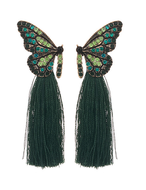 Fashion Dark Green Butterfly Tassel Earrings With Alloy Diamonds