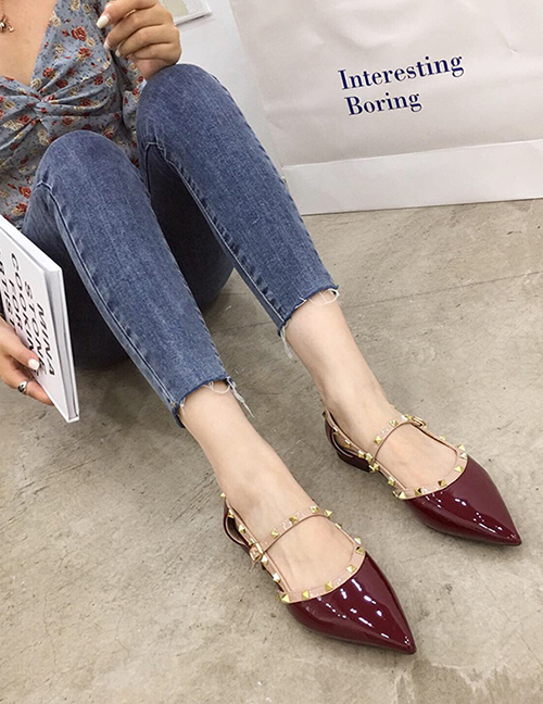 Fashion Red Wine Studded Pointed Flat Shoes