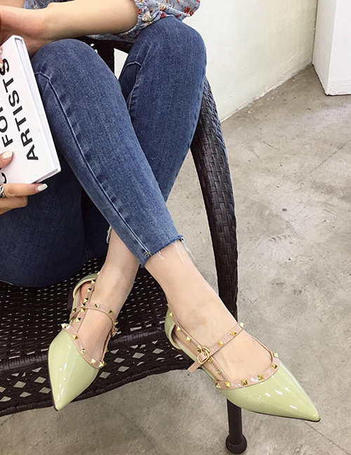 Fashion Light Green Studded Pointed Flat Shoes