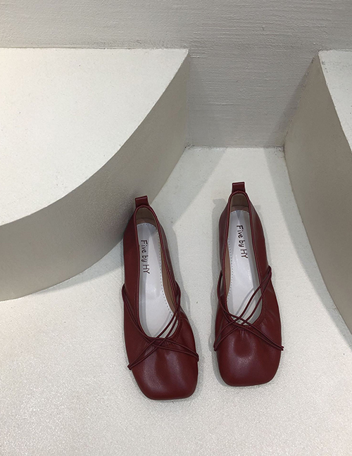 Fashion Red Soft Leather Pleated Shallow Cross Thin Straps Shoes