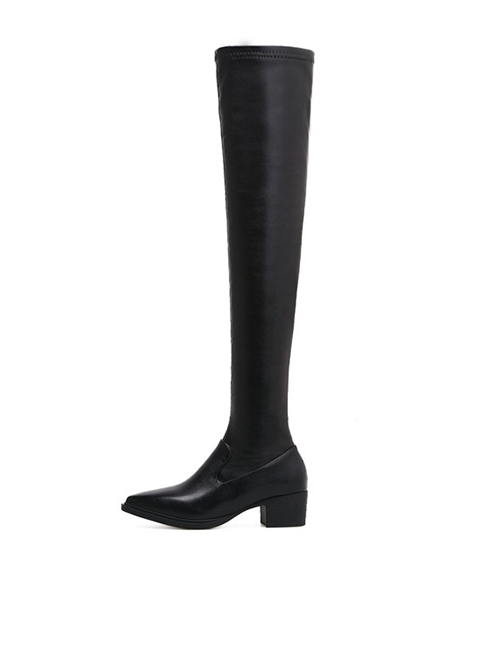 Fashion Black Leather Sleeve Single Pointed Elastic Low-heel Over-the-knee Boots