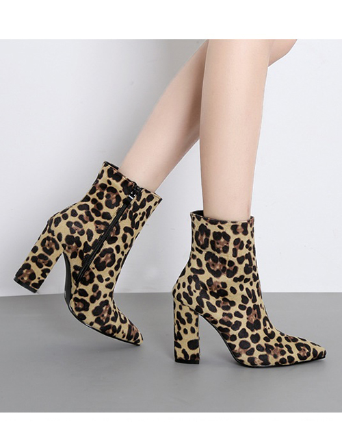 Fashion Leopard Print Snake Leopard Chunky High Heel Pointed Booties