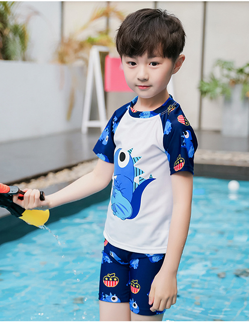Fashion White Dinosaur Printed Contrast Swimsuit For Children