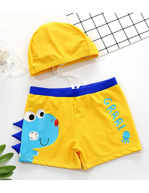 Fashion Yellow Dinosaur Print Contrast Color Childrens Swimming Trunks And Swimming Cap