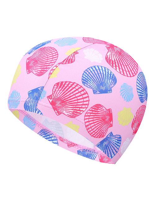 Fashion Pink Shell Striped Contrast Color Stitching Flamingo Scallop Print Children Swimming Cap