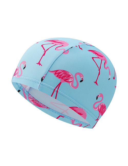 Fashion Flamingo Blue Hat Striped Contrast Color Stitching Flamingo Scallop Print Children Swimming Cap