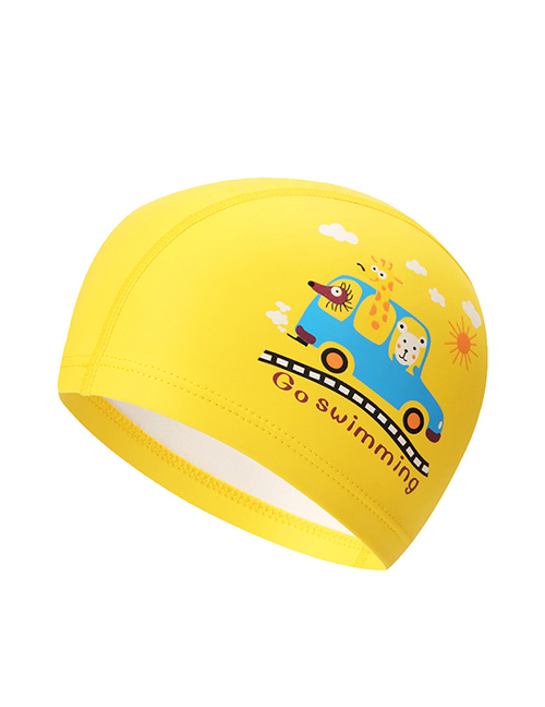 Fashion Yellow Car Childrens Swimming Cap With Car Dolphin Animal Print