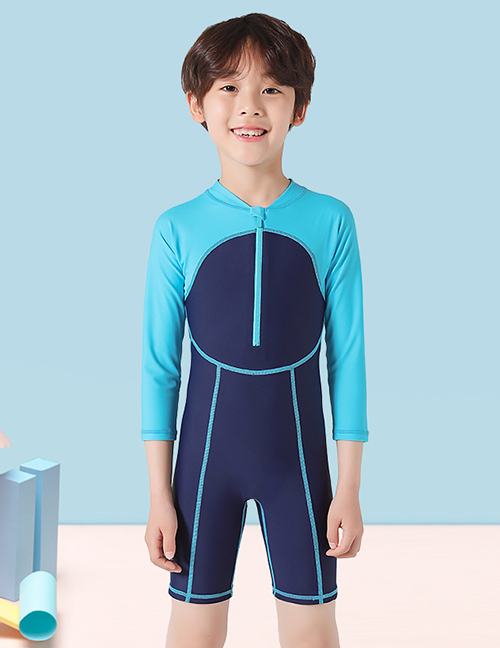 Fashion Lake Blue + Navy Blue Long Sleeve Childrens One-piece Swimsuit With Contrast Stitching