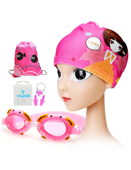 Fashion Pink Crab + Long Skirt Four Piece Set Crab Anti-fog Waterproof Childrens Swimming Goggles Animal Print Swimming Cap