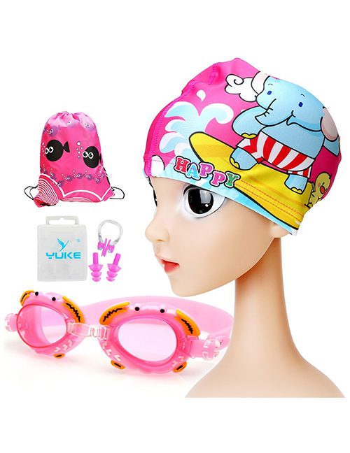 Fashion Pink Crab + Cute Elephant Four-piece Set Crab Anti-fog Waterproof Childrens Swimming Goggles Animal Print Swimming Cap