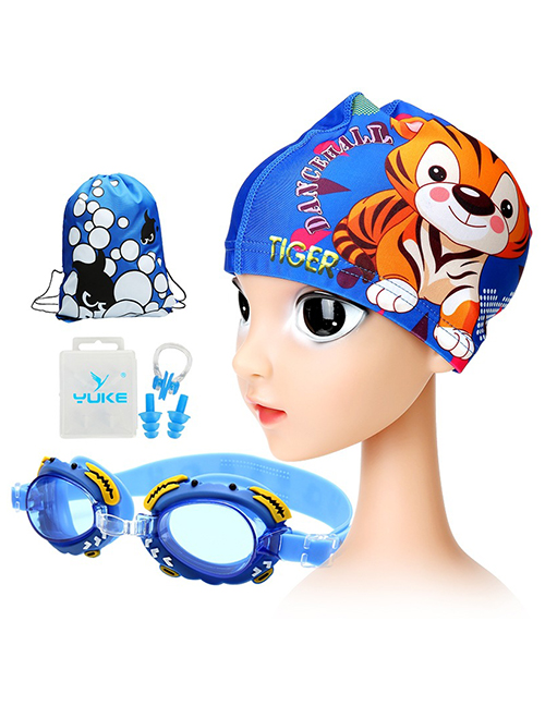 Fashion Blue Crab + Tiger Four Piece Set Crab Anti-fog Waterproof Childrens Swimming Goggles Animal Print Swimming Cap