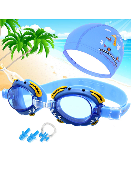 Fashion Three-piece Blue Crab Mirror + Blue Pu Cap Crab Star Anti-fog Waterproof Childrens Swimming Goggles Animal Print Swimming Cap