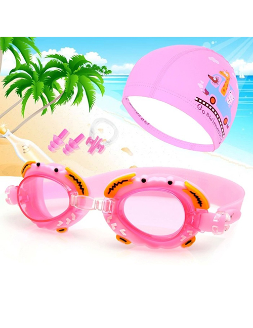 Fashion Three-piece Pink Crab Mirror + Pink Pu Cap Crab Star Anti-fog Waterproof Childrens Swimming Goggles Animal Print Swimming Cap