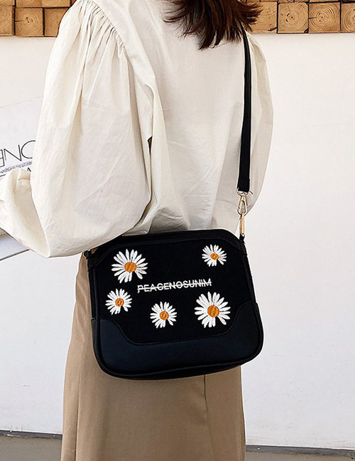 Fashion Black Canvas Embroidered Daisy Shoulder Bag