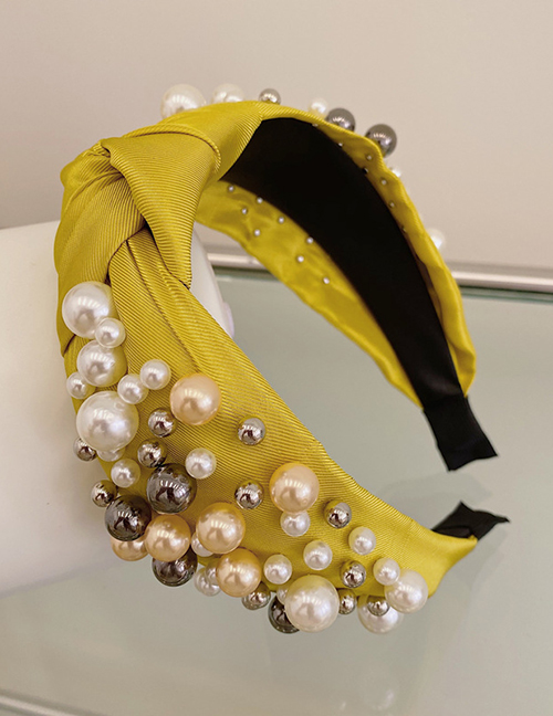 Fashion Yellow Large And Small Pearl Cloth Knotted Wide-brimmed Headband