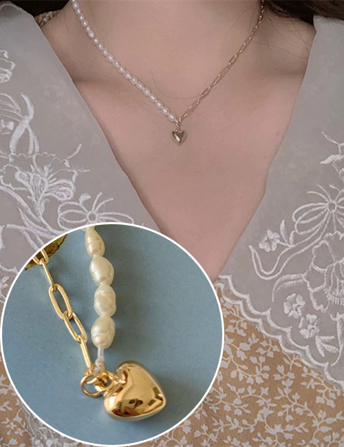 Fashion Golden Love Pendant Pearl And Real Gold Stitching Necklace