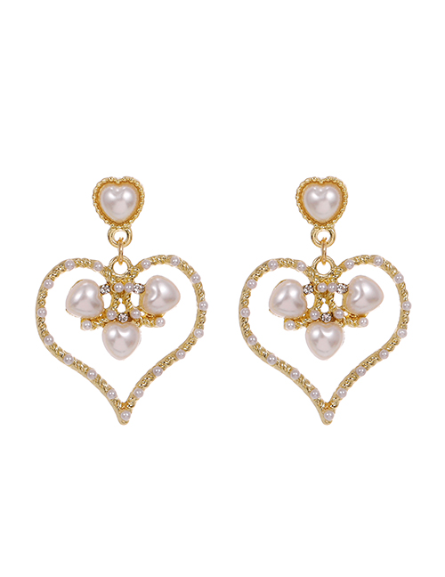 Fashion Golden Alloy Pearl Hollow Heart Earrings