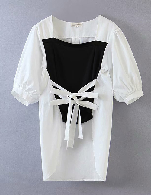 Fashion White Black And White Stitching Fake Two-piece Bow Shirt With Back