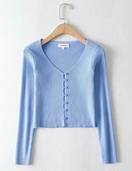 Fashion Blue Solid Color V-neck Single-breasted Sweater Sweater