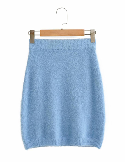 Fashion Blue Faux Mink Elasticated Waist Slim Skirt