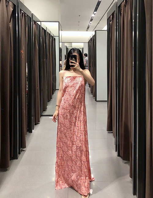 Fashion Pink Flower Print Suspender Halter Dress