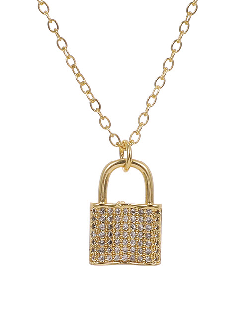 Fashion Golden Copper Inlaid Zircon Lock Necklace