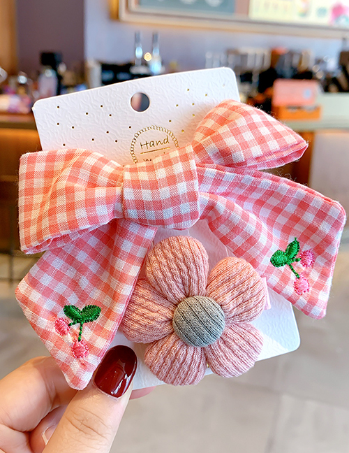 Fashion Pink Plaid + Pink Flowers Bowknot Check Embroidery Flower Lace Hairpin Set For Children