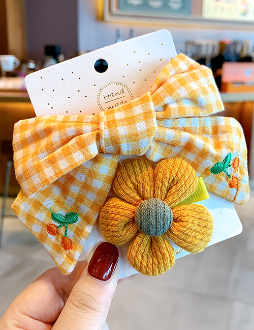 Fashion Yellow Grid + Yellow Flowers Bowknot Check Embroidery Flower Lace Hairpin Set For Children