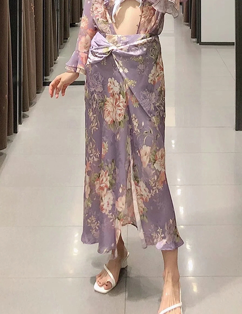 Fashion Purple Floral Silk Satin Floral Print Cross Skirt