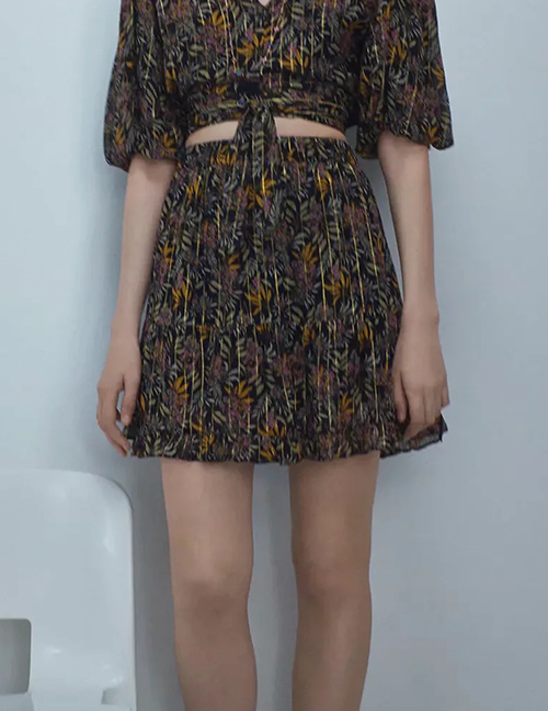 Fashion Black Print Flower Print Elastic Waist Skirt