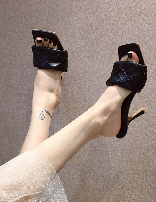 Fashion Black Braided Square Open Toe Stiletto Sandals