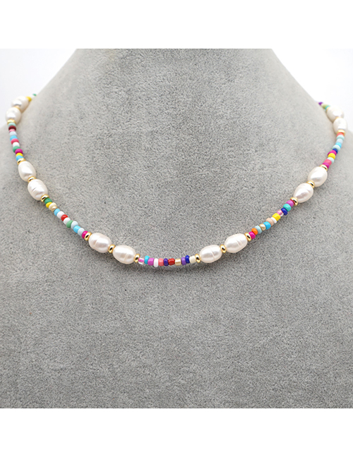 Fashion Color Mixing Natural Pearl Rice Bead Woven Necklace