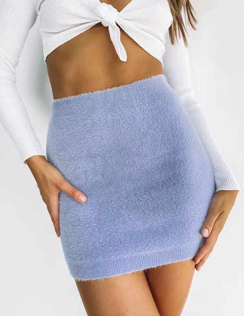 Fashion Blue Imitation Mink Pure Color Elastic Waist Skirt