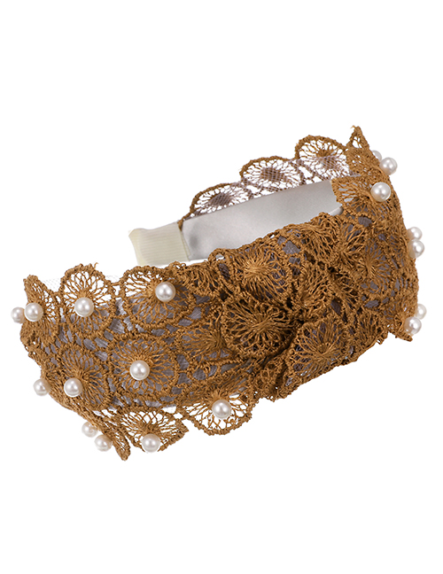 Fashion Khaki Lace Flower Pearl Knotted Hair Band