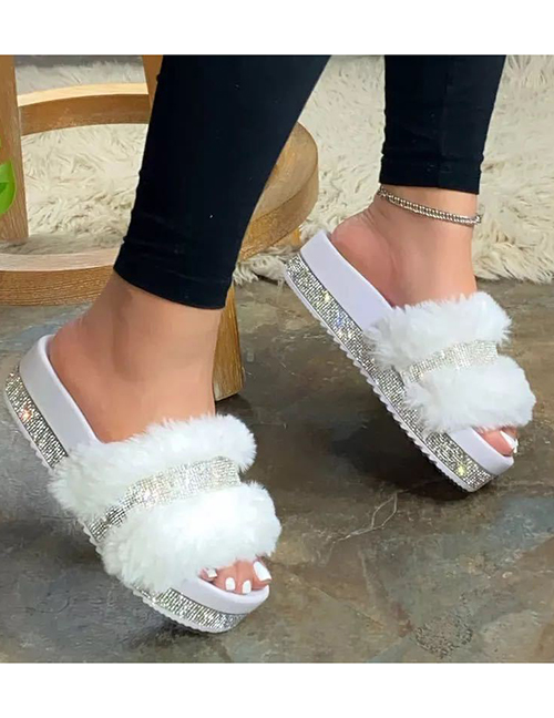 Fashion White Thick-soled Rhinestone Round-toe Fluffy Slippers