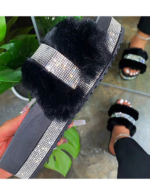 Fashion Black Thick-soled Rhinestone Round-toe Fluffy Slippers