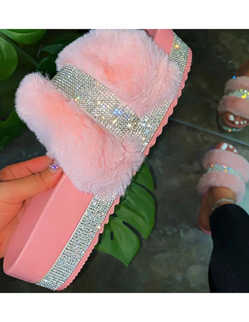 Fashion Pink Thick-soled Rhinestone Round-toe Fluffy Slippers