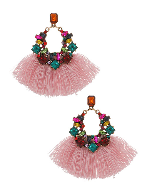 Fashion Leather Pink Alloy Diamond Geometric Tassel Stud Earrings