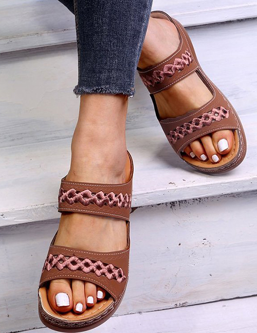 Fashion Brown Embroidered Slope Heel Round Toe Sandals And Slippers