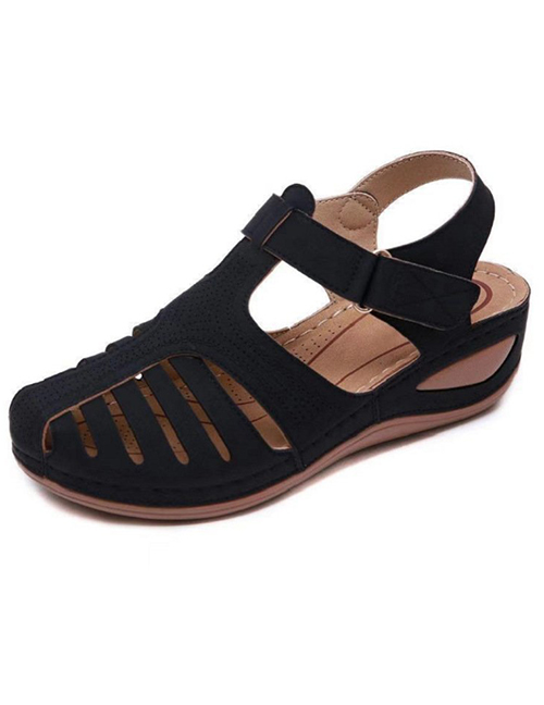 Fashion Black Baotou Hollow Wedge Sandals