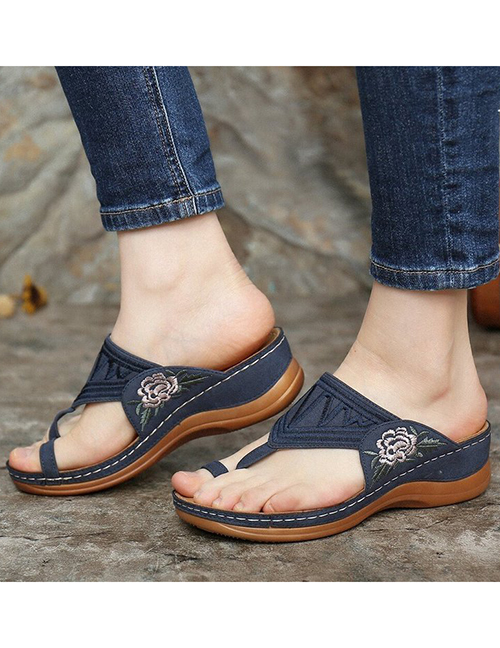 Fashion Navy Electric Embroidered Flowers Hollow Flip Wedge Slippers