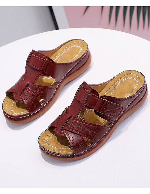 Fashion Red Wine Wedge Heel Round Toe Hollow Slippers