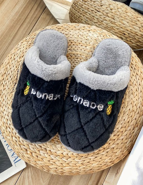 Fashion Navy Blue Letter Embroidery Non-slip Plush Warm Couple Slippers